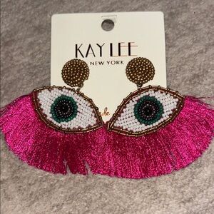 New Beaded eye earrings (evil eye) tasseled pink gold green white large
